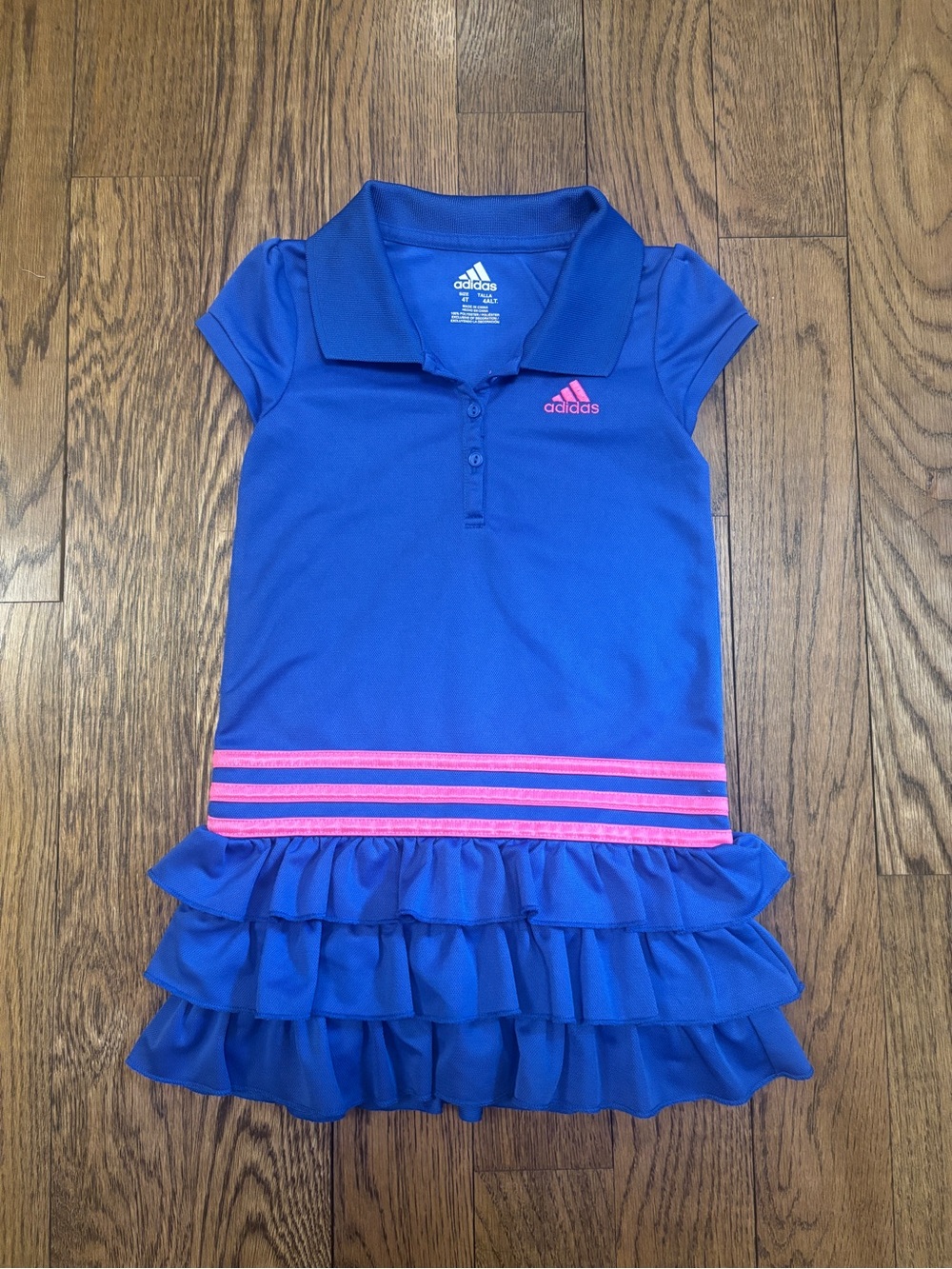 adidas Girls Blue Polo Dress with Pink Stripe Accents
